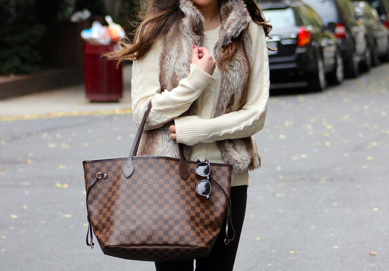 Fall 2013 Style: faux fur vest, louis vuitton neverfull tote bag - Fashion HotBox