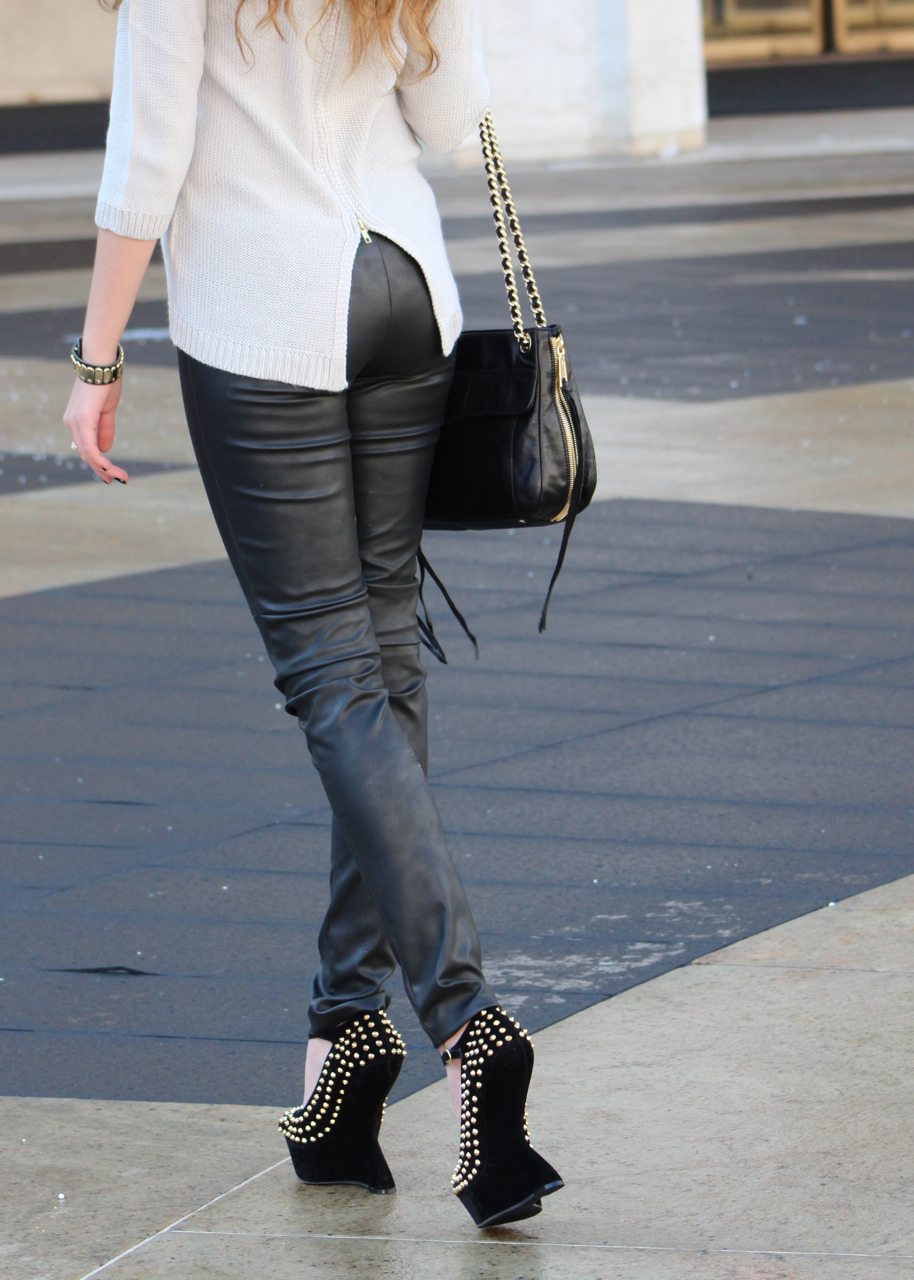 New York Fashion Week: Leather Pants, H&M Leather Jacket, Steve Madden Heels, Rebecca Minkoff Bag, Ray Ban Sunglasses, Zara Necklace, Zara Sweater