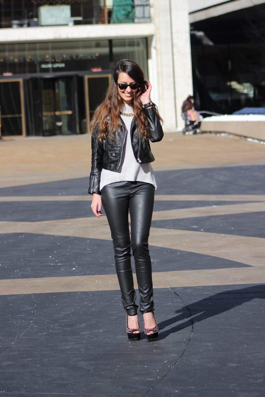 New York Fashion Week: Leather Pants, H&M Leather Jacket, Steve Madden Heels, Rebecca Minkoff Bag, Ray Ban Sunglasses, Zara Necklace, Zara Sweater