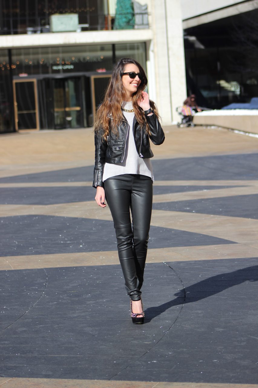 New York Fashion Week: Leather Pants, H&M Leather Jacket, Steve Madden Heels, Rebecca Minkoff Bag, Ray Ban Sunglasses, Zara Necklace, Zara Sweater