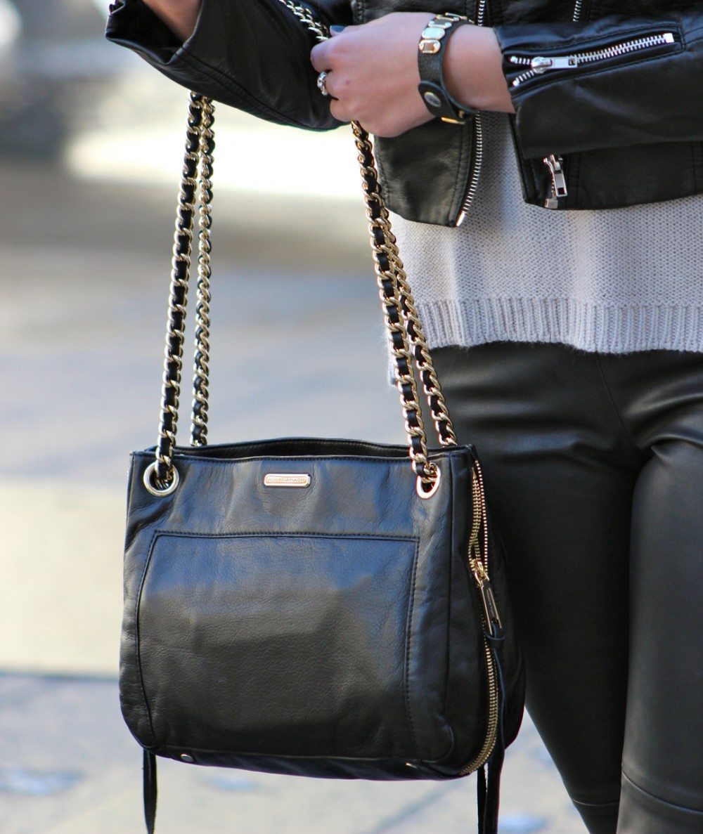 New York Fashion Week: Leather Pants, H&M Leather Jacket, Steve Madden Heels, Rebecca Minkoff Bag, Ray Ban Sunglasses, Zara Necklace, Zara Sweater