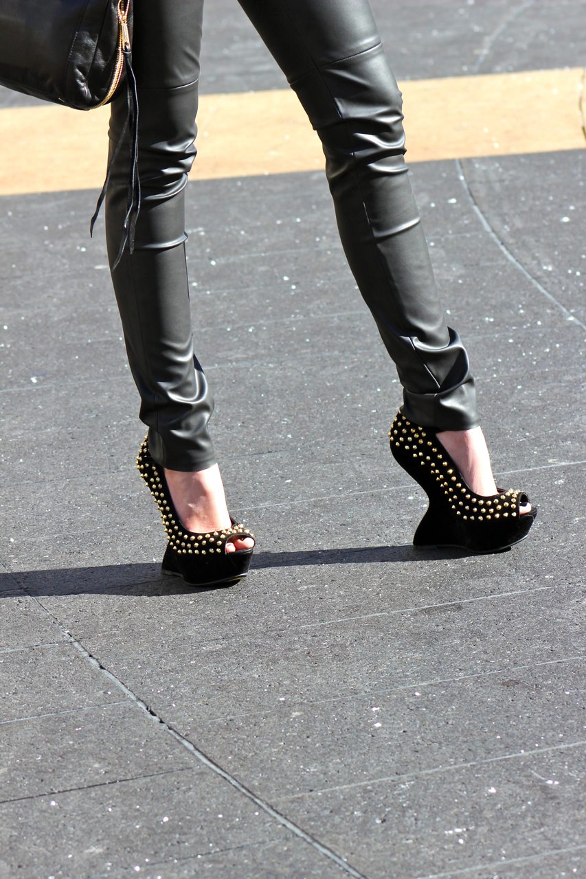 New York Fashion Week: Leather Pants, H&M Leather Jacket, Steve Madden Heels, Rebecca Minkoff Bag, Ray Ban Sunglasses, Zara Necklace, Zara Sweater