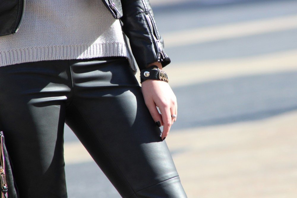 New York Fashion Week: Leather Pants, H&M Leather Jacket, Steve Madden Heels, Rebecca Minkoff Bag, Ray Ban Sunglasses, Zara Necklace, Zara Sweater