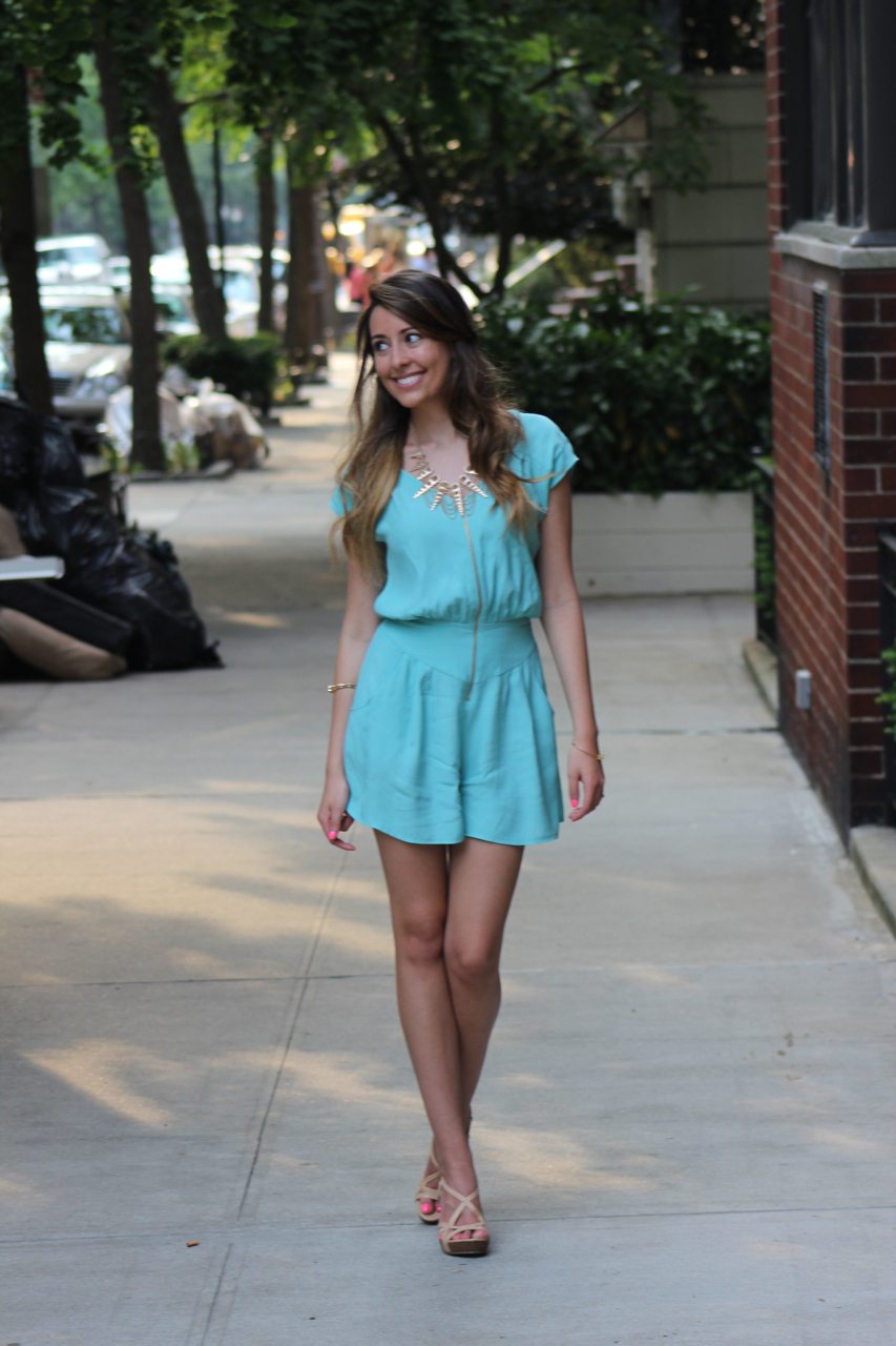 Miss Selfridge mint romper, Seychelles Purr Wedges, EO-ES jewelry