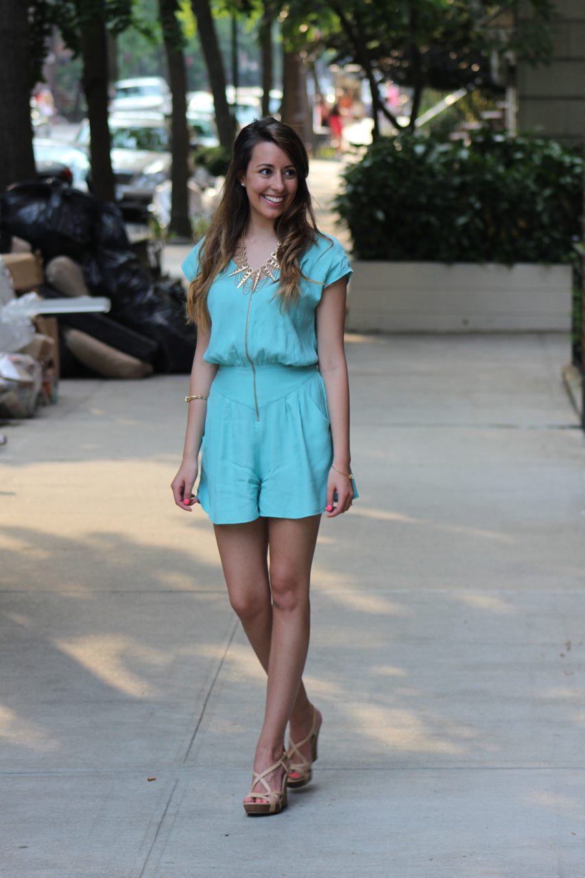 Miss Selfridge mint romper, Seychelles Purr Wedges, EO-ES jewelry