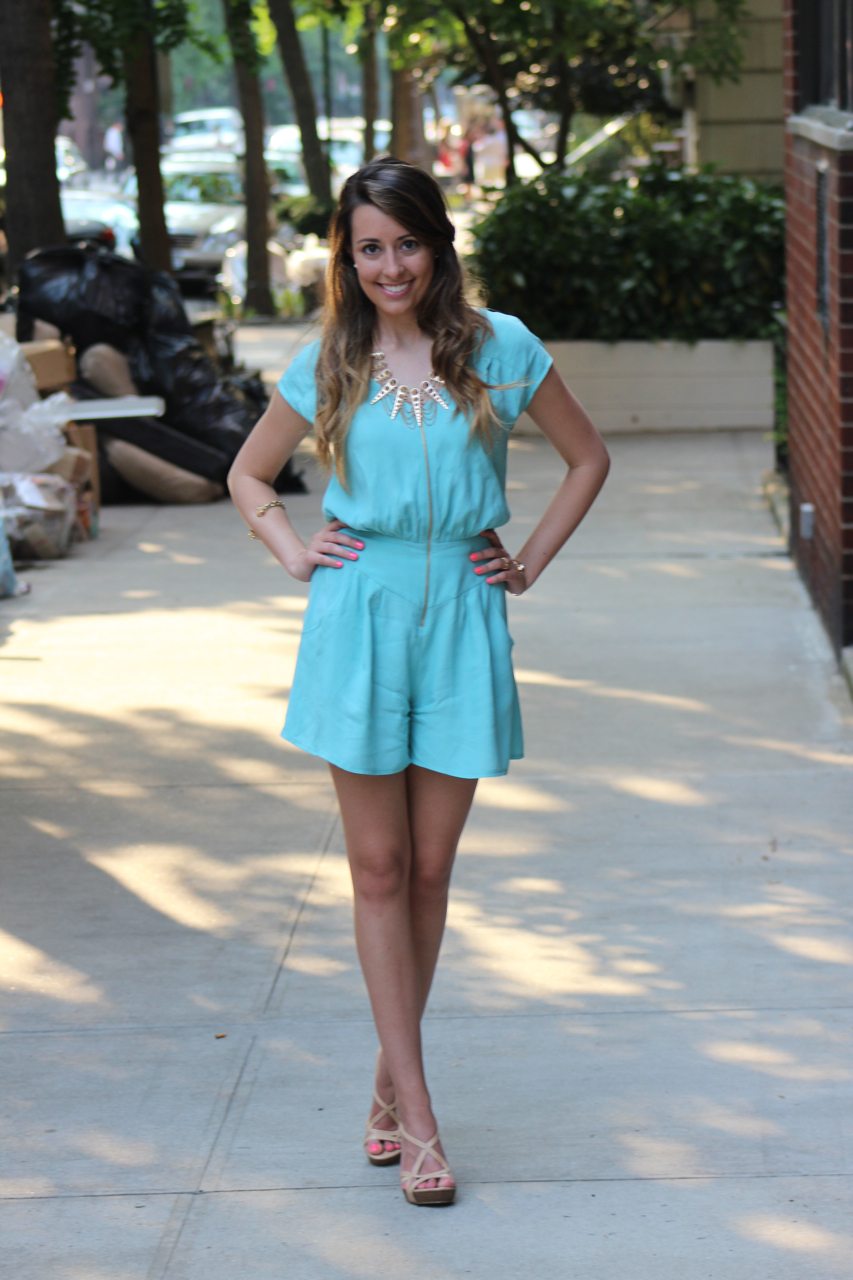 Miss Selfridge mint romper, Seychelles Purr Wedges, EO-ES jewelry