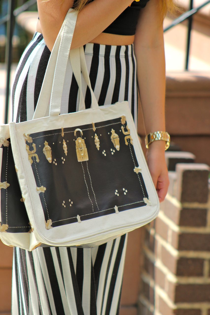 Summertime Stripes on Fashion HotBox: Brandy Melville Maxi Skirt, Boohoo Crop top, BDG Urban outfitters Fedora, Steve madden wedges, Thursday Friday tote bag