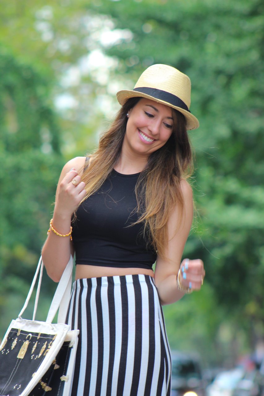 Summertime Stripes on Fashion HotBox: Brandy Melville Maxi Skirt, Boohoo Crop top, BDG Urban outfitters Fedora, Steve madden wedges, Thursday Friday tote bag