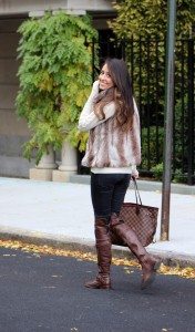 Fall 2013 style: sabo skirt fur vest, 7 for all mankind skinny jeans, ruelala boots, louis vuitton never full bag, brandy melville sweater