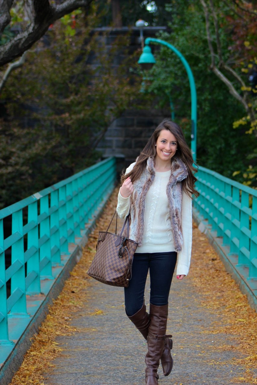 Fall 2013 style: sabo skirt fur vest, 7 for all mankind skinny jeans, ruelala boots, louis vuitton never full bag, brandy melville sweater