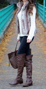 Fall 2013 style: sabo skirt fur vest, 7 for all mankind skinny jeans, ruelala boots, louis vuitton never full bag, brandy melville sweater