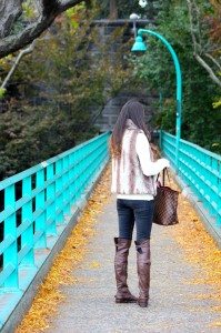 Fall 2013 style: sabo skirt fur vest, 7 for all mankind skinny jeans, ruelala boots, louis vuitton never full bag, brandy melville sweater