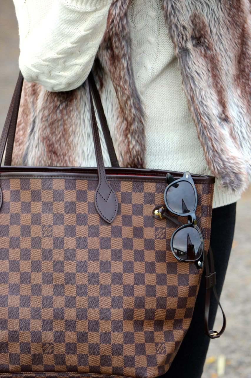 Louis Vuitton Neverfull tote bag & faux fur vest
