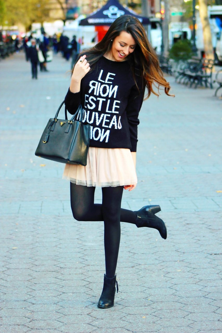 Tulle Skirt w/ oversized sweater, booties, and prada saffiano: cute winter skirt look