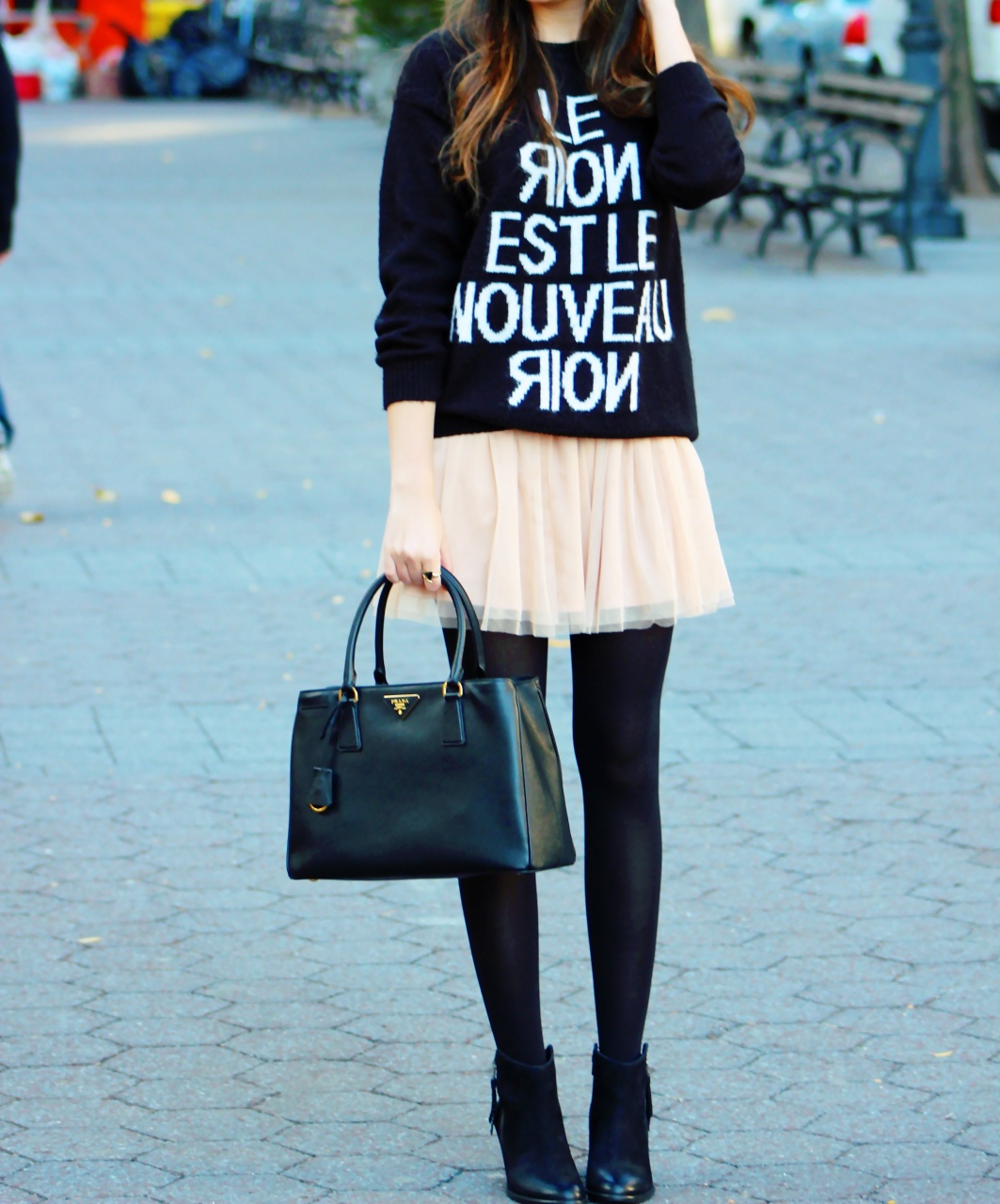 Tulle Skirt w/ oversized sweater, booties, and prada saffiano: cute winter skirt look