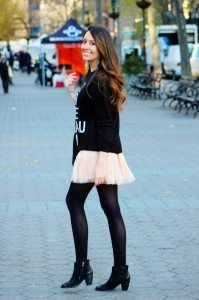 Tulle Skirt w/ oversized sweater, booties, and prada saffiano: cute winter skirt look