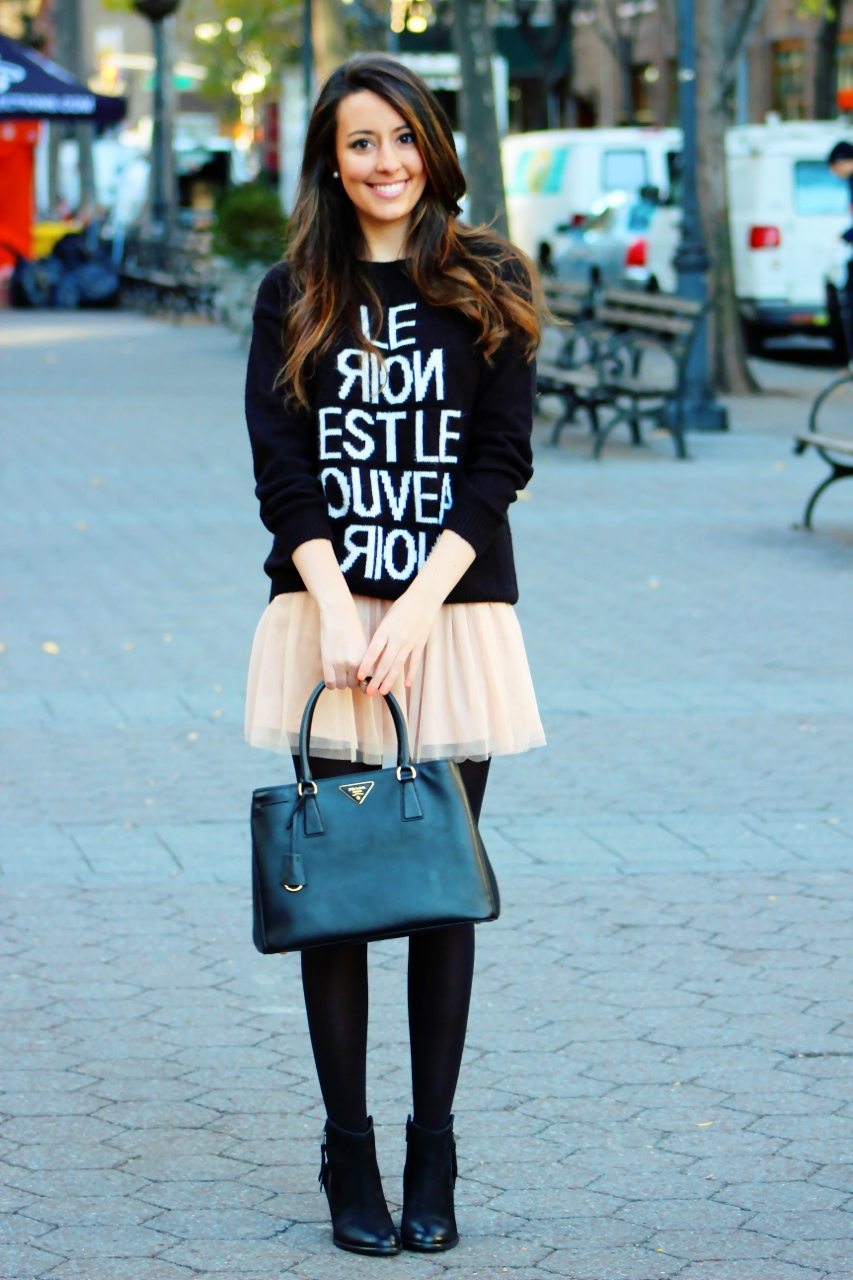 Tulle Skirt w/ oversized sweater, booties, and prada saffiano: cute winter skirt look