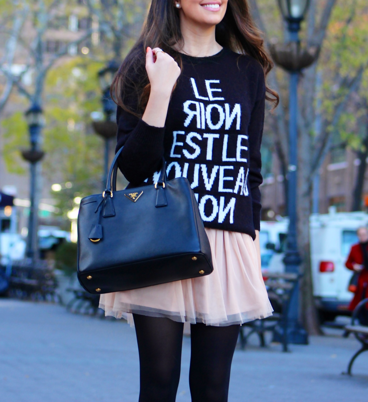 Tulle Skirt w/ oversized sweater, booties, and prada saffiano: cute winter skirt look