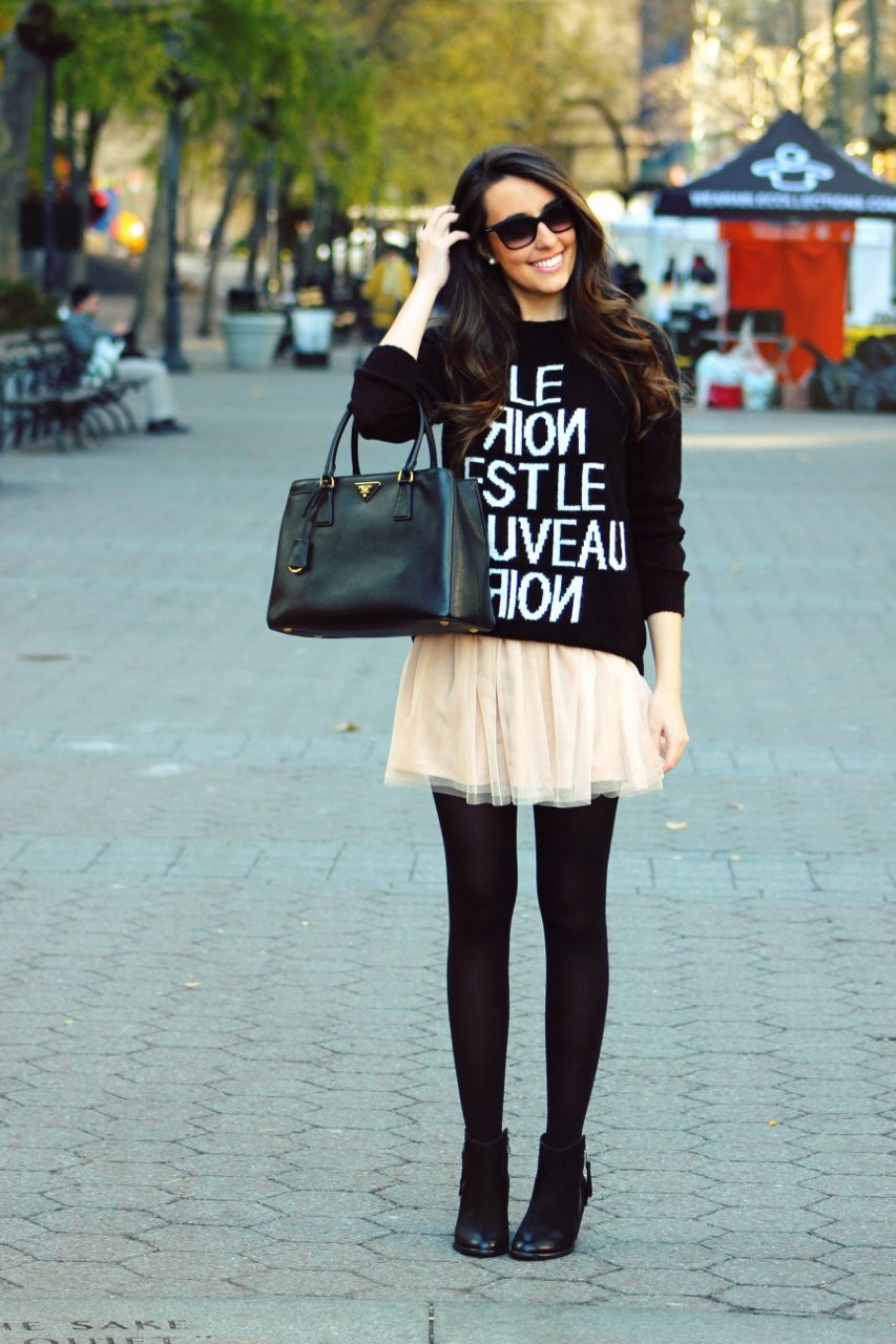 Tulle Skirt w/ oversized sweater, booties, and prada saffiano: cute winter skirt look