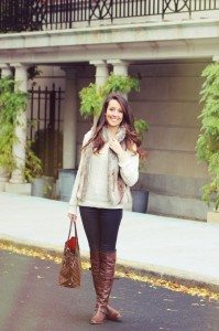 Fall 2013 style: faux fur vest, 7 for all mankind skinny jeans, brown over the knee boots, louis vuitton never full tote bag, brandy melville sweater