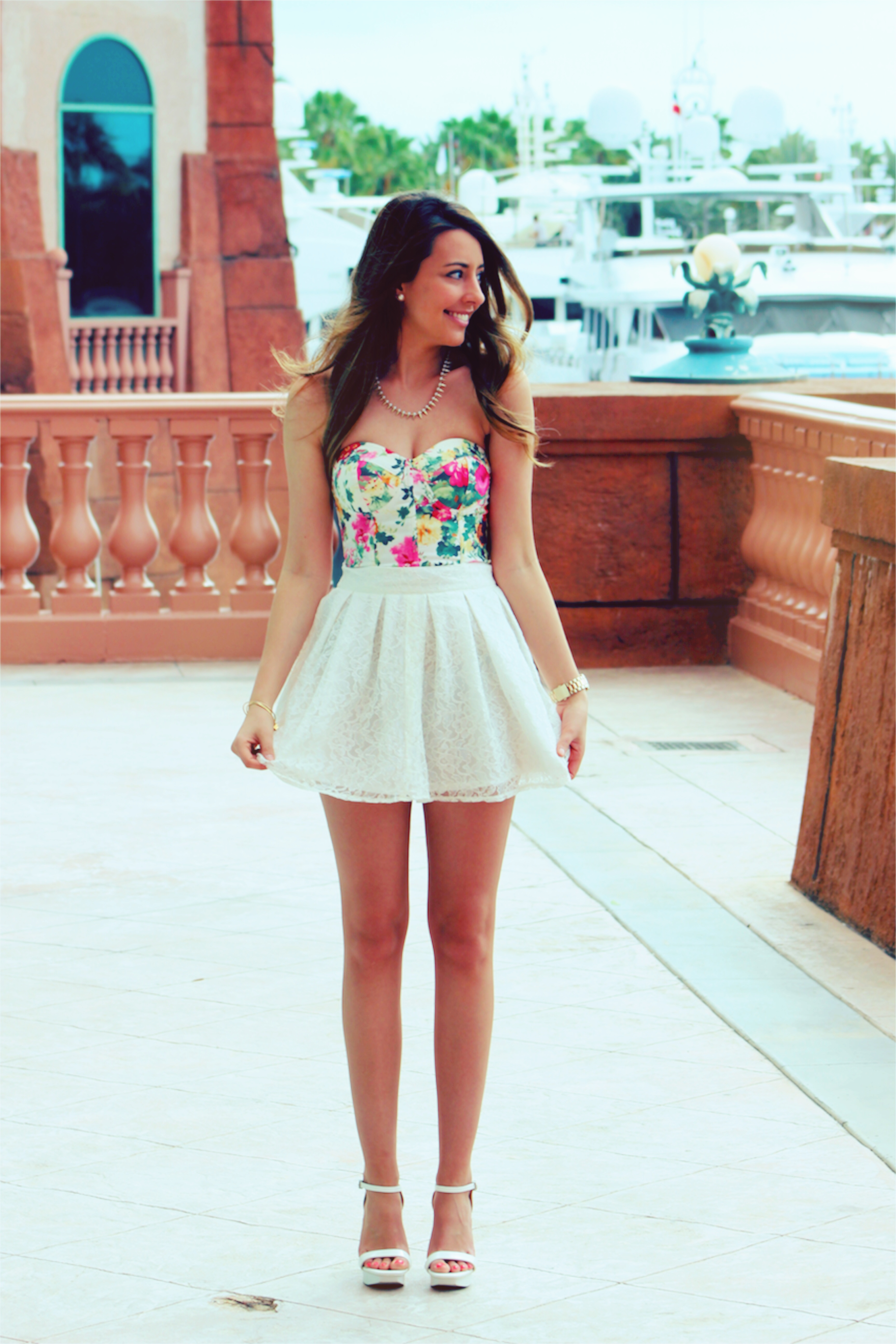 cute spring summer outfit floral bustier lace skirt - Fashion HotBox