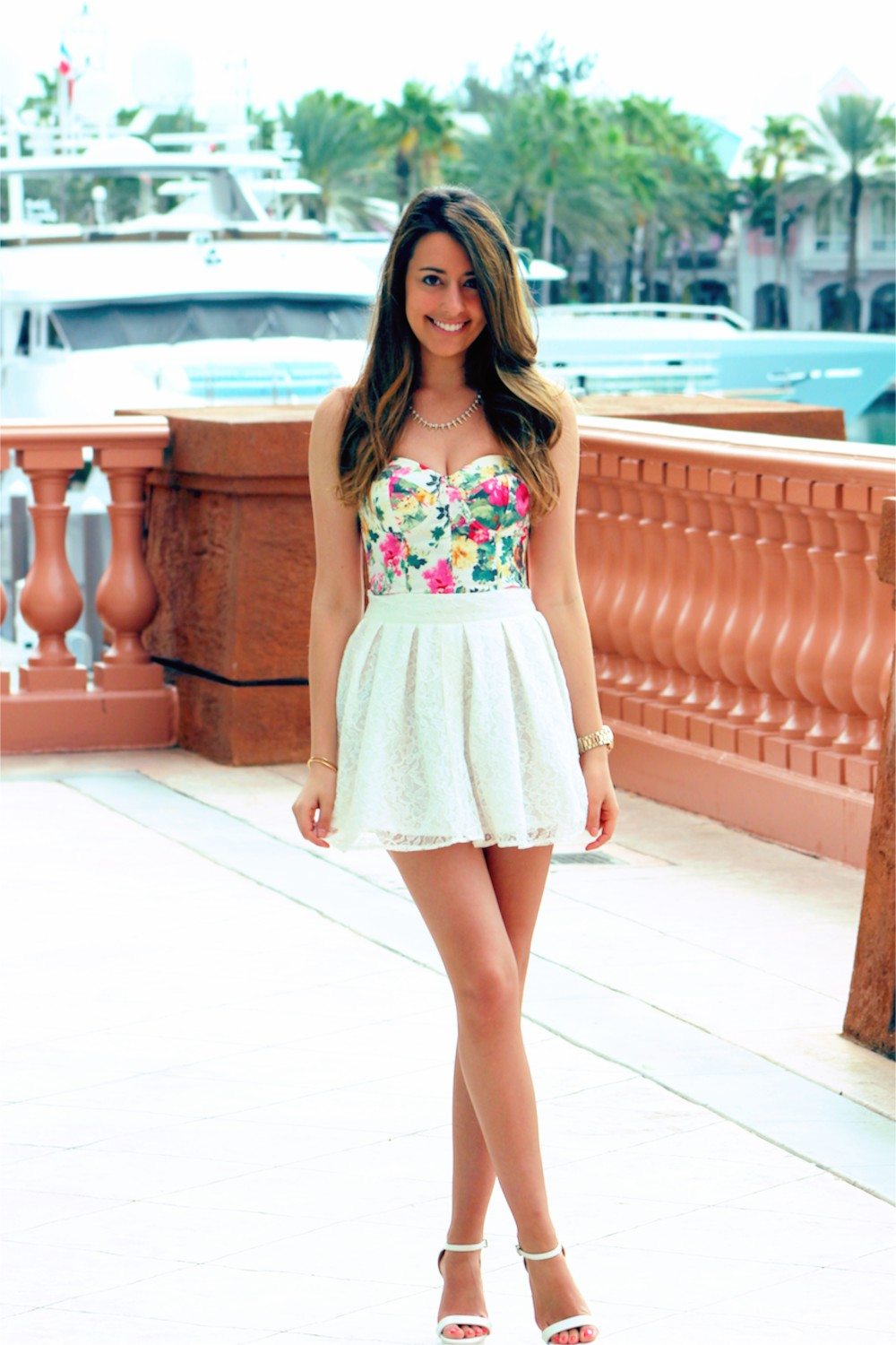cute spring summer outfit floral bustier lace skirt