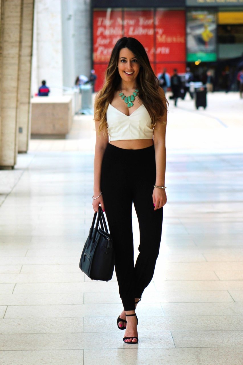 cute fall outfit leather jacket crop top harem pants