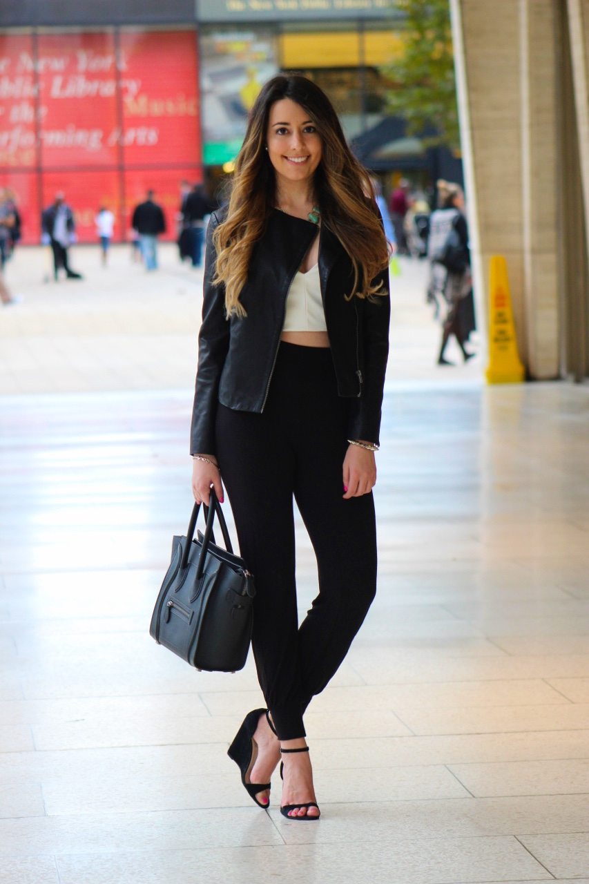 cute fall outfit leather jacket crop top harem pants