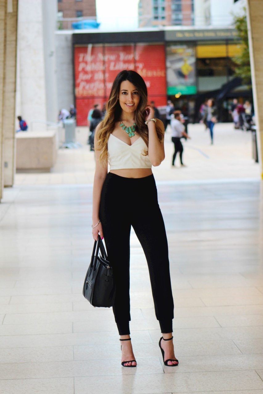 cute fall outfit leather jacket crop top harem pants