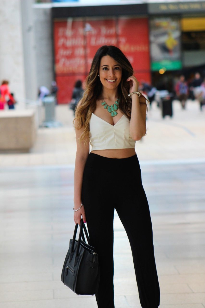 cute fall outfit leather jacket crop top harem pants