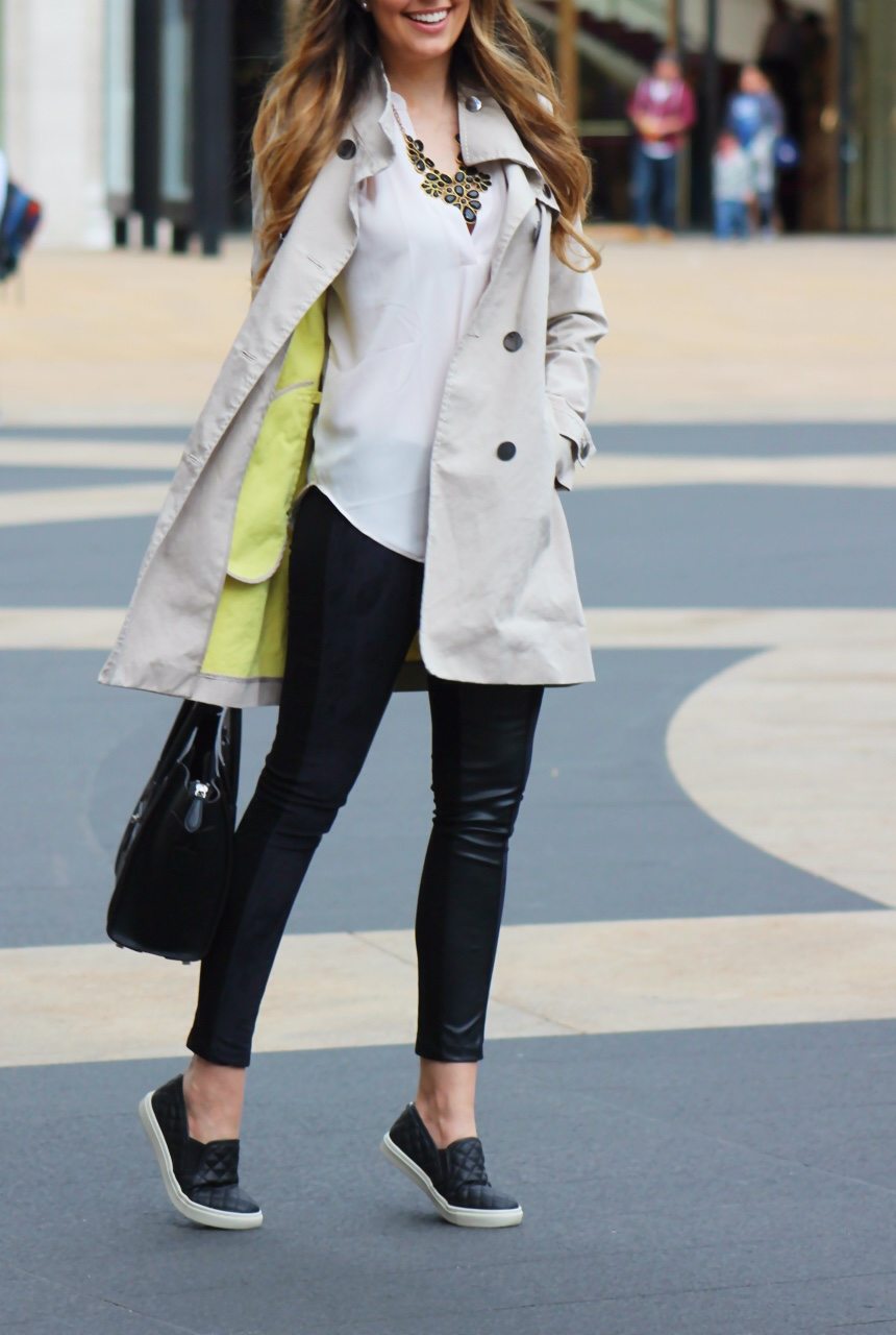 cute fall outfit trench coat leather leggings