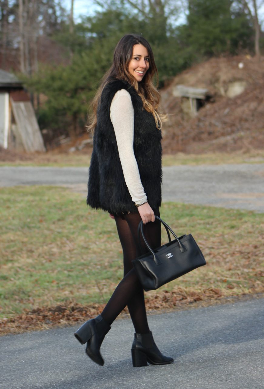 cute fall outfit shorts tights boots and faux fur vest