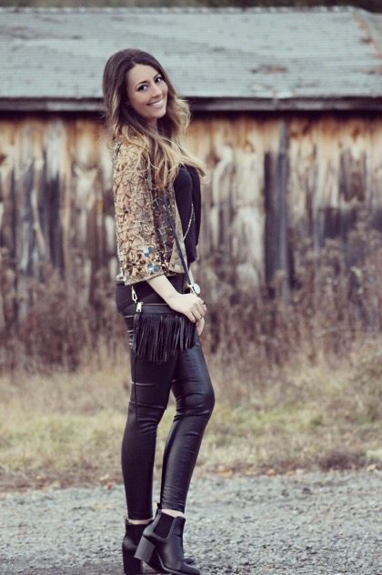 Sequin Jacket & Leather pants fall outfit