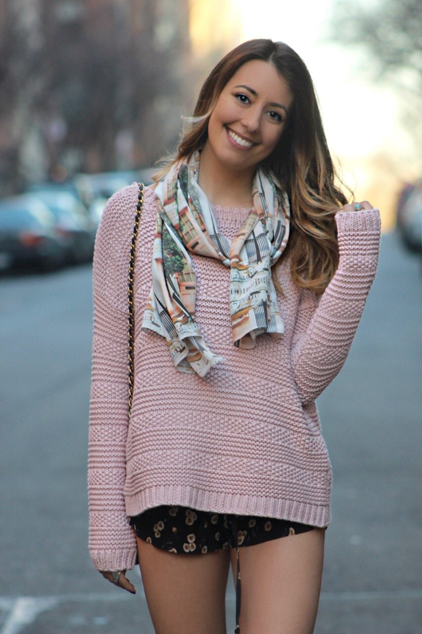 oversized sweater, mini shorts & lowland over the knee boots