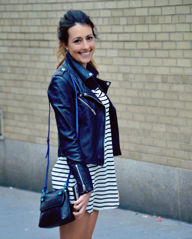 Striped Mini Dress & Leather Jacket