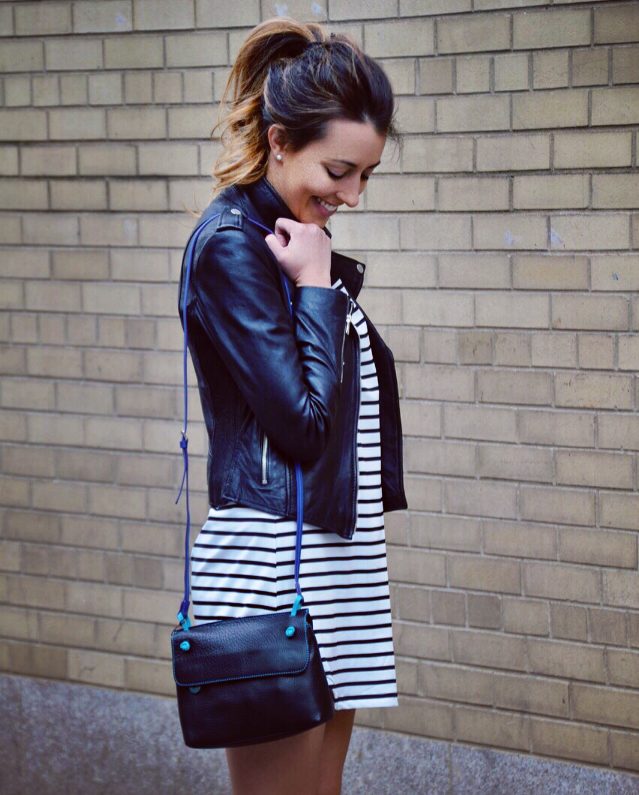 Striped Mini Dress & Leather Jacket